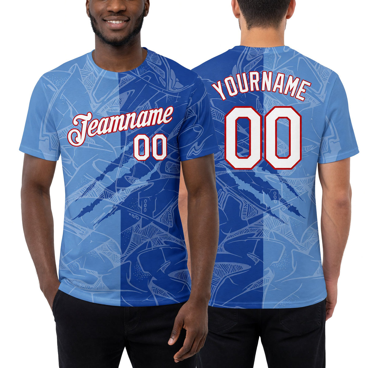 Custom Graffiti Pattern Royal Light Blue-Red Scratch 3D Performance T-Shirt worn front and back