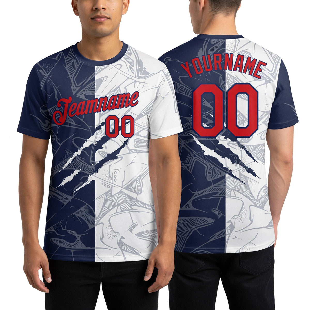 Custom Graffiti Pattern Red-Navy Scratch 3D Performance T-Shirt worn front and back