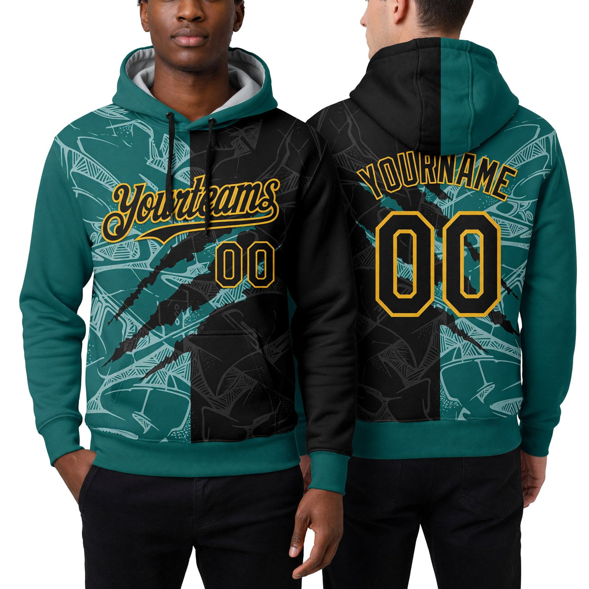 Custom Stitched Graffiti Pattern Black Teal-Gold 3D Scratch Sports Pullover Sweatshirt Hoodie worn front and back