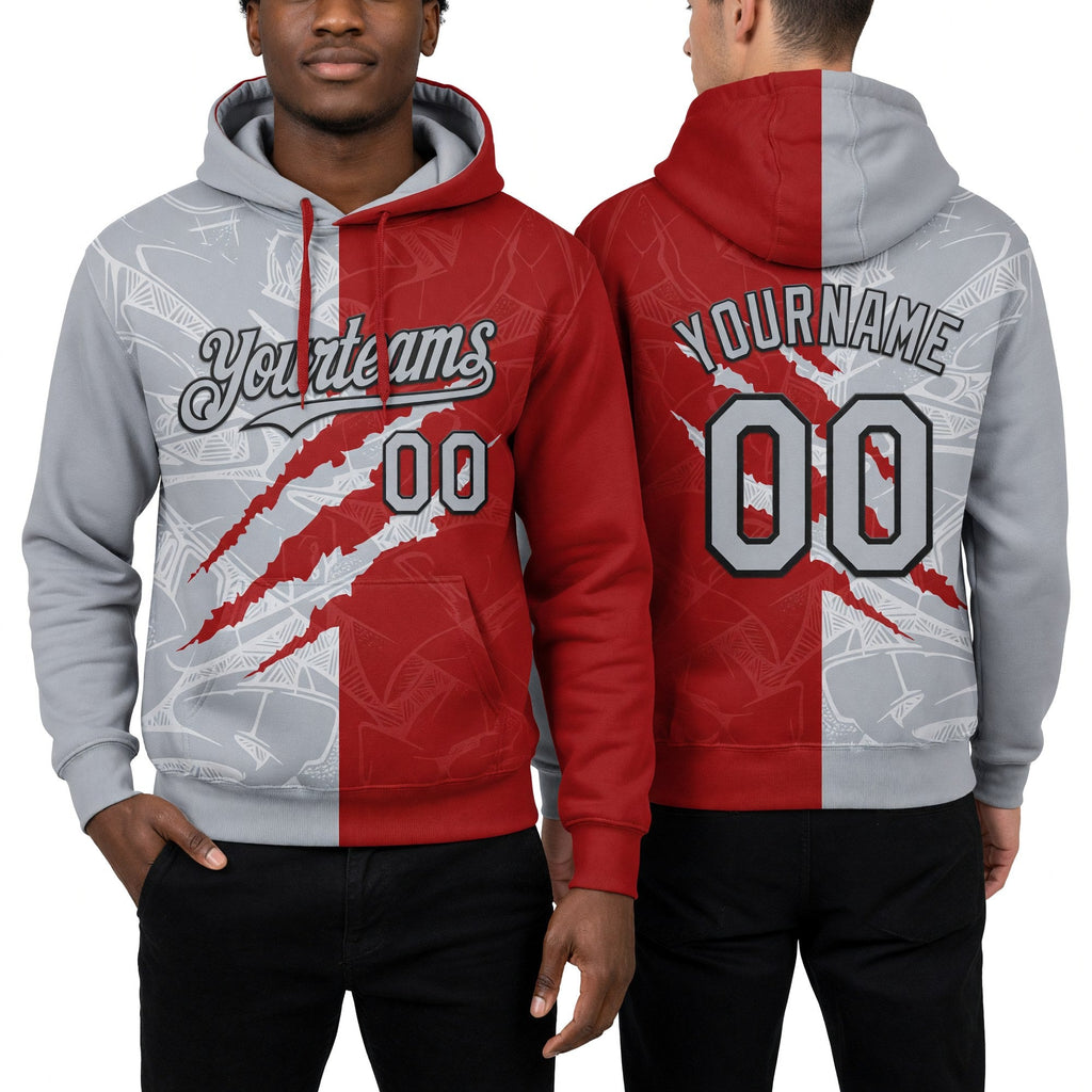 Custom Stitched Graffiti Pattern Gray Red-Black 3D Scratch Sports Pullover Sweatshirt Hoodie worn front and back