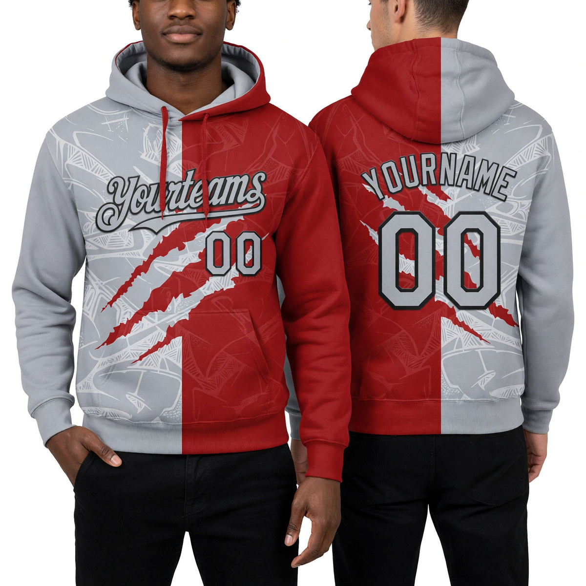 Custom Stitched Graffiti Pattern Gray Red-Black 3D Scratch Sports Pullover Sweatshirt Hoodie worn front and back