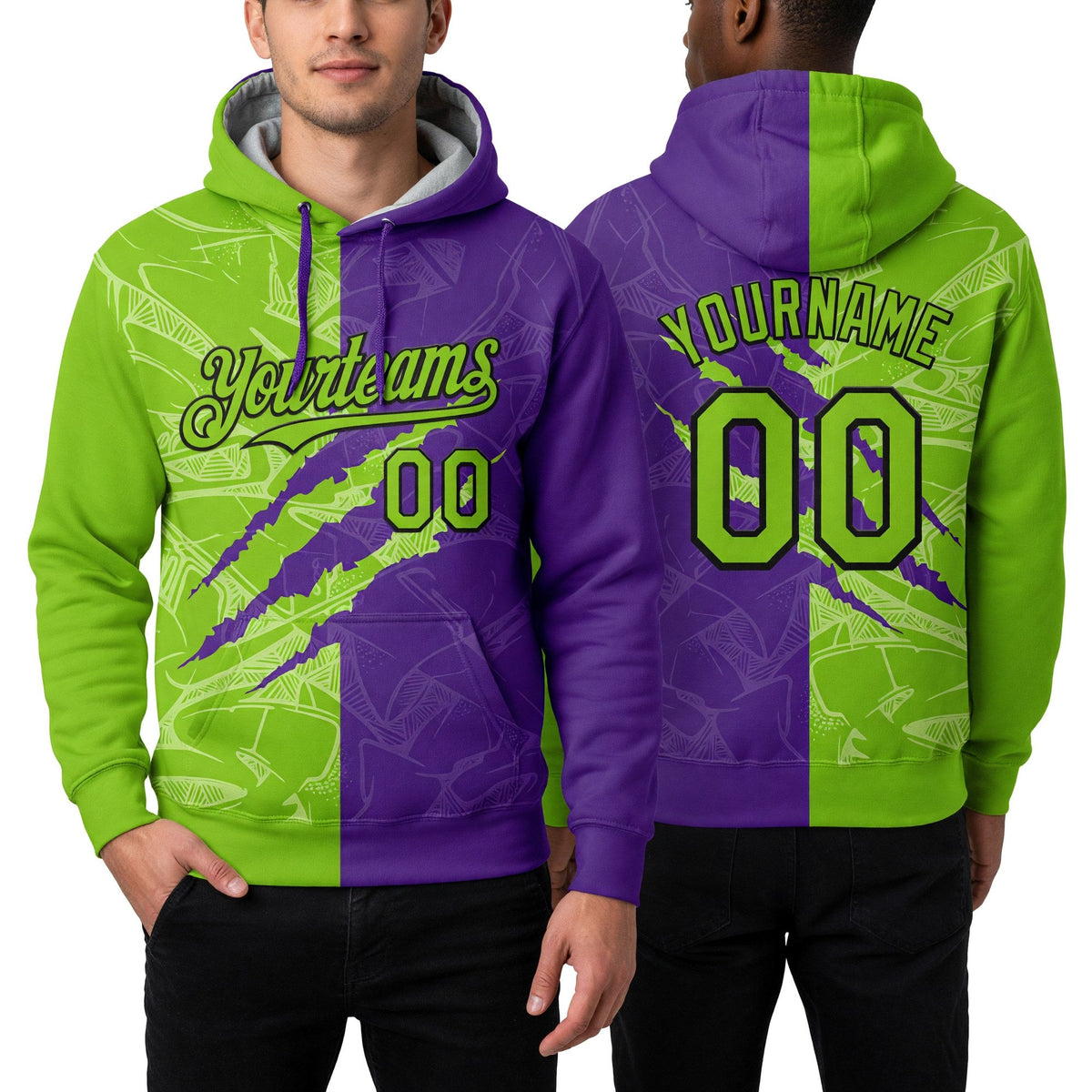 Custom Stitched Graffiti Pattern Neon Green Purple-Black 3D Scratch Sports Pullover Sweatshirt Hoodie worn front and back