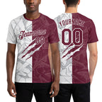 Custom Graffiti Pattern Burgundy-White Scratch 3D Performance T-Shirt worn front and back