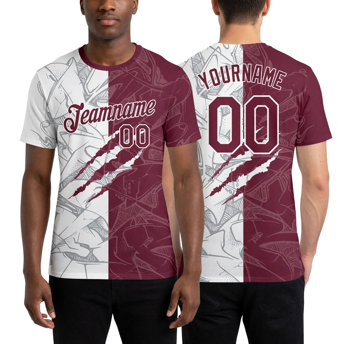 Custom Graffiti Pattern Burgundy-White Scratch 3D Performance T-Shirt worn front and back