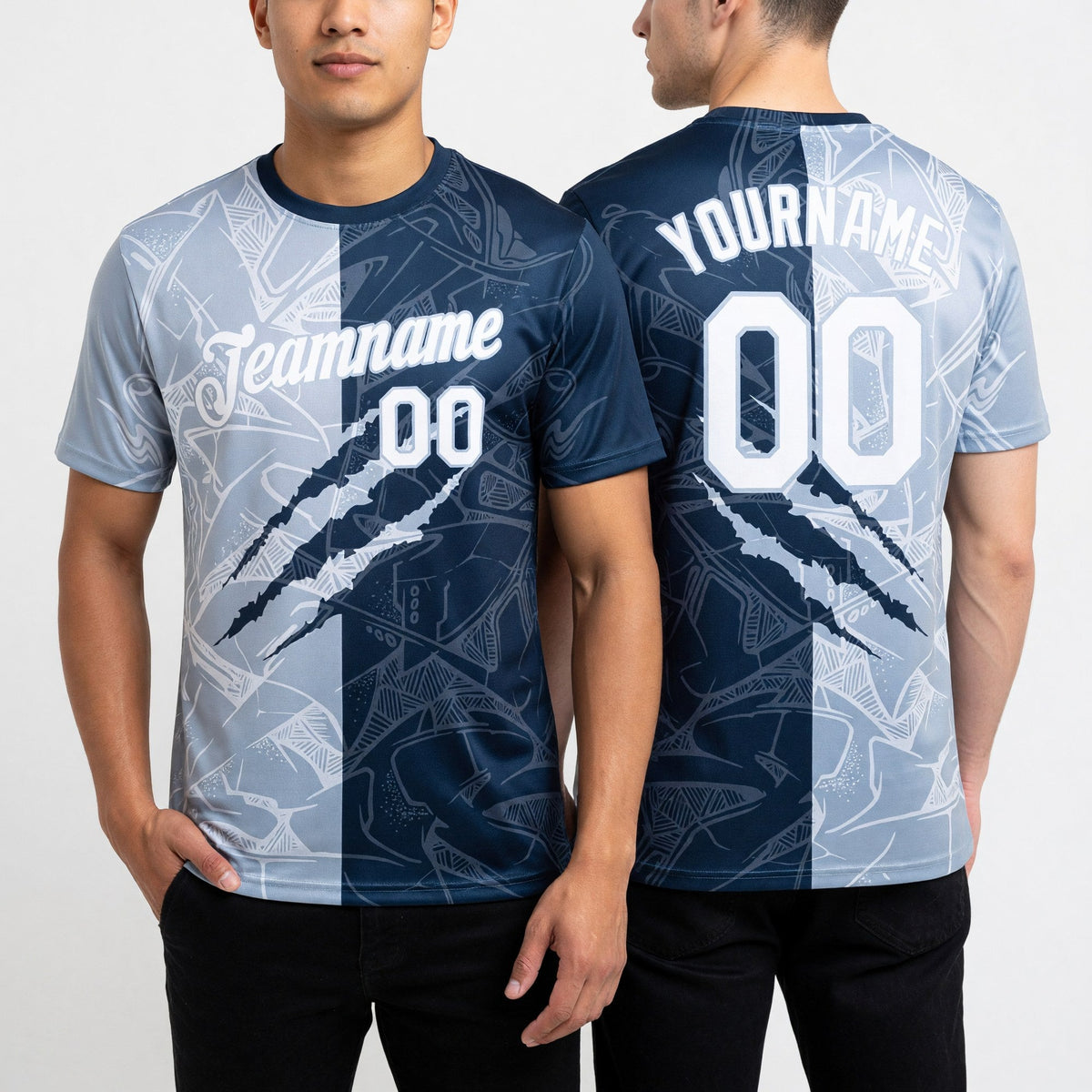 Custom Graffiti Pattern White Navy-Silver Scratch 3D Performance T-Shirt worn front and back