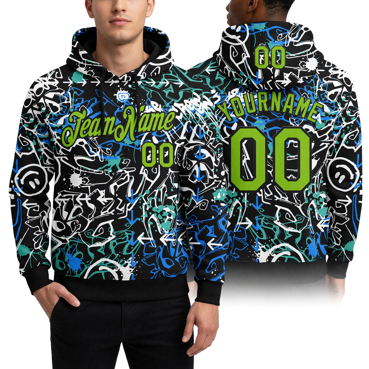 Custom Stitched Graffiti Pattern Neon Green-Black 3D Abstract Grunge Art Sports Pullover Sweatshirt Hoodie worn front and back