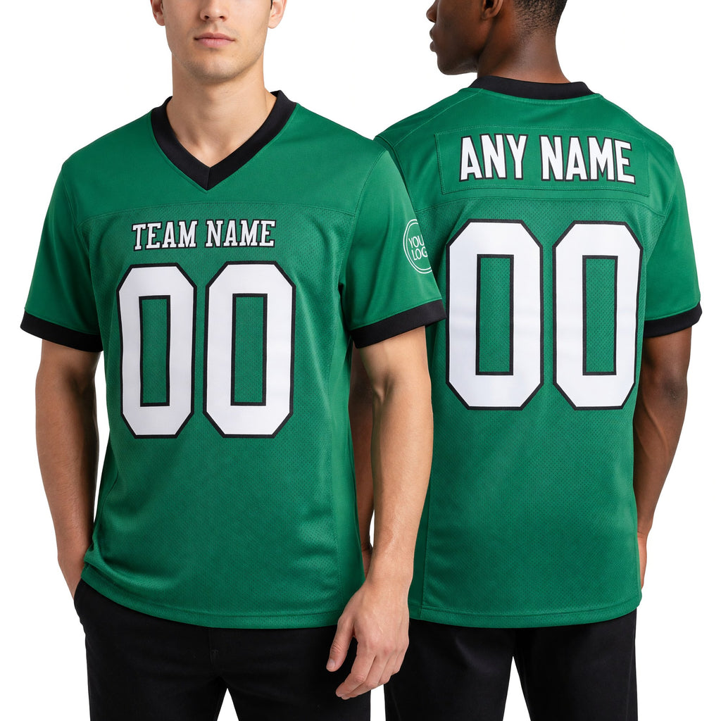 Custom Grass Green White-Black Mesh Authentic Football Jersey worn front and back