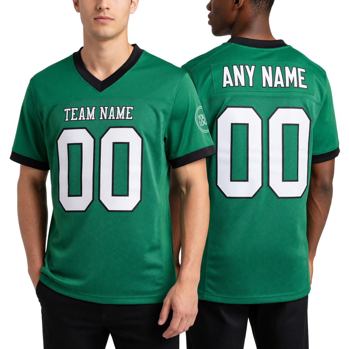 Custom Grass Green White-Black Mesh Authentic Football Jersey worn front and back