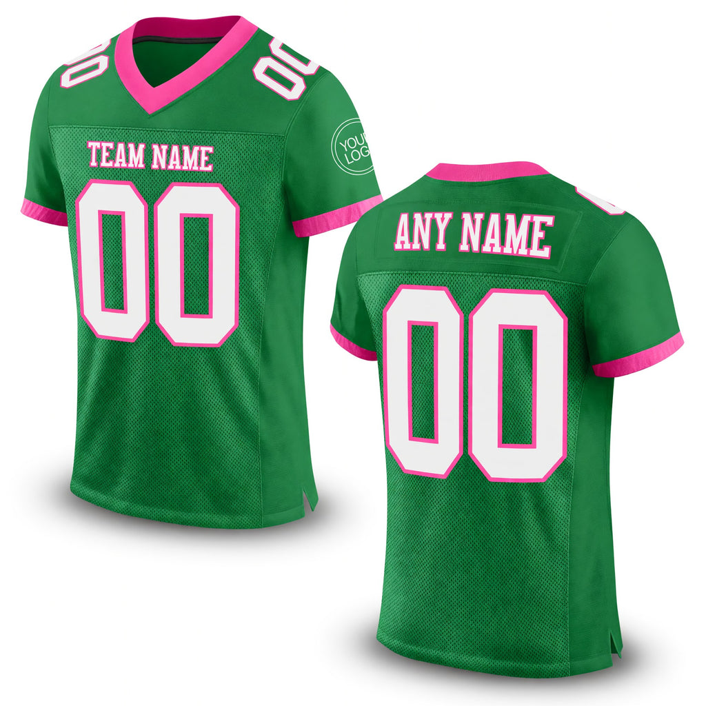 Custom Grass Green White-Pink Mesh Authentic Football Jersey