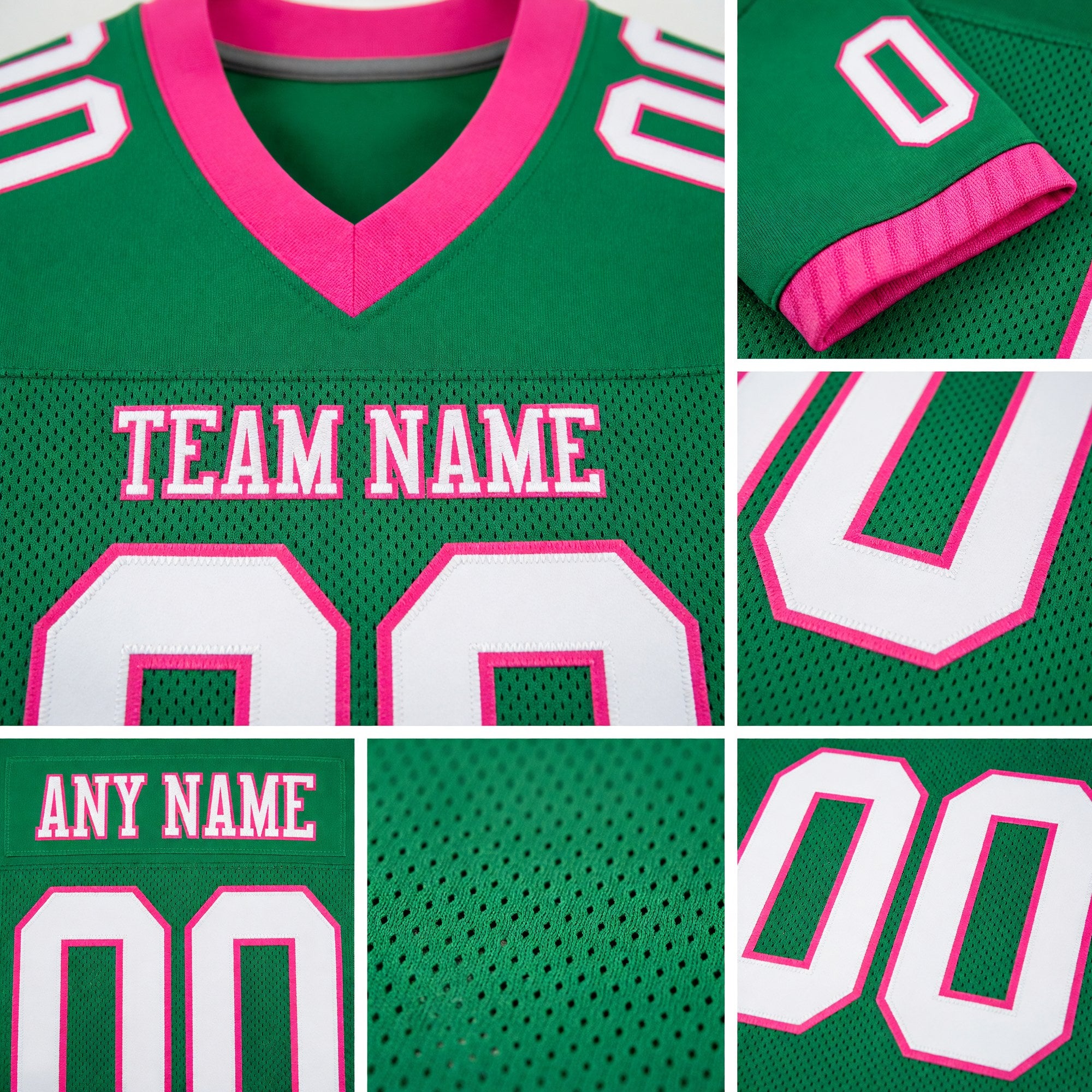 Custom Grass Green White-Pink Mesh Authentic Football Jersey detail