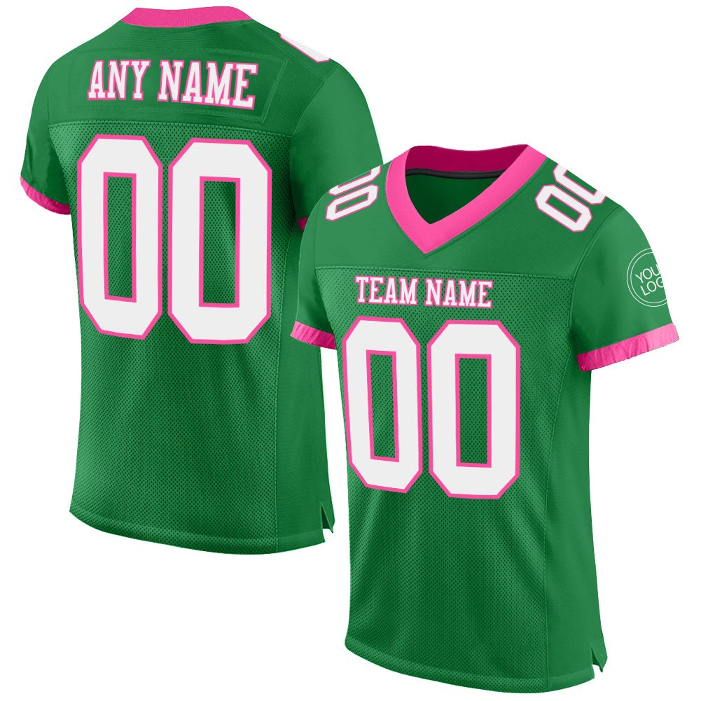 Custom Grass Green White-Pink Mesh Authentic Football Jersey photo 1
