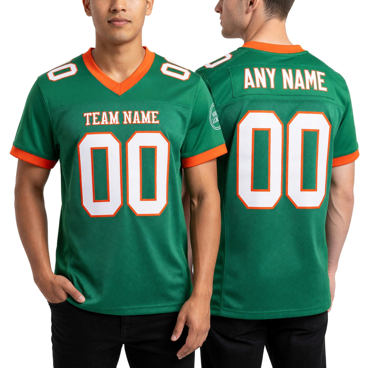 Custom Grass Green White-Orange Mesh Authentic Football Jersey worn front and back