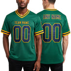 Custom Grass Green Navy-Old Gold Mesh Authentic Throwback Football Jersey worn front and back