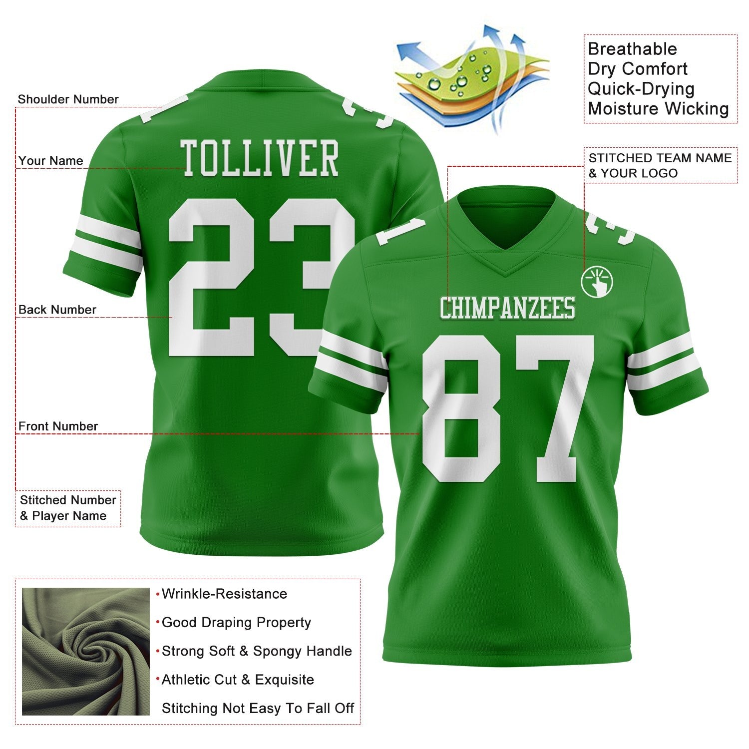 Custom Grass Green White Authentic Football Jersey photo 3