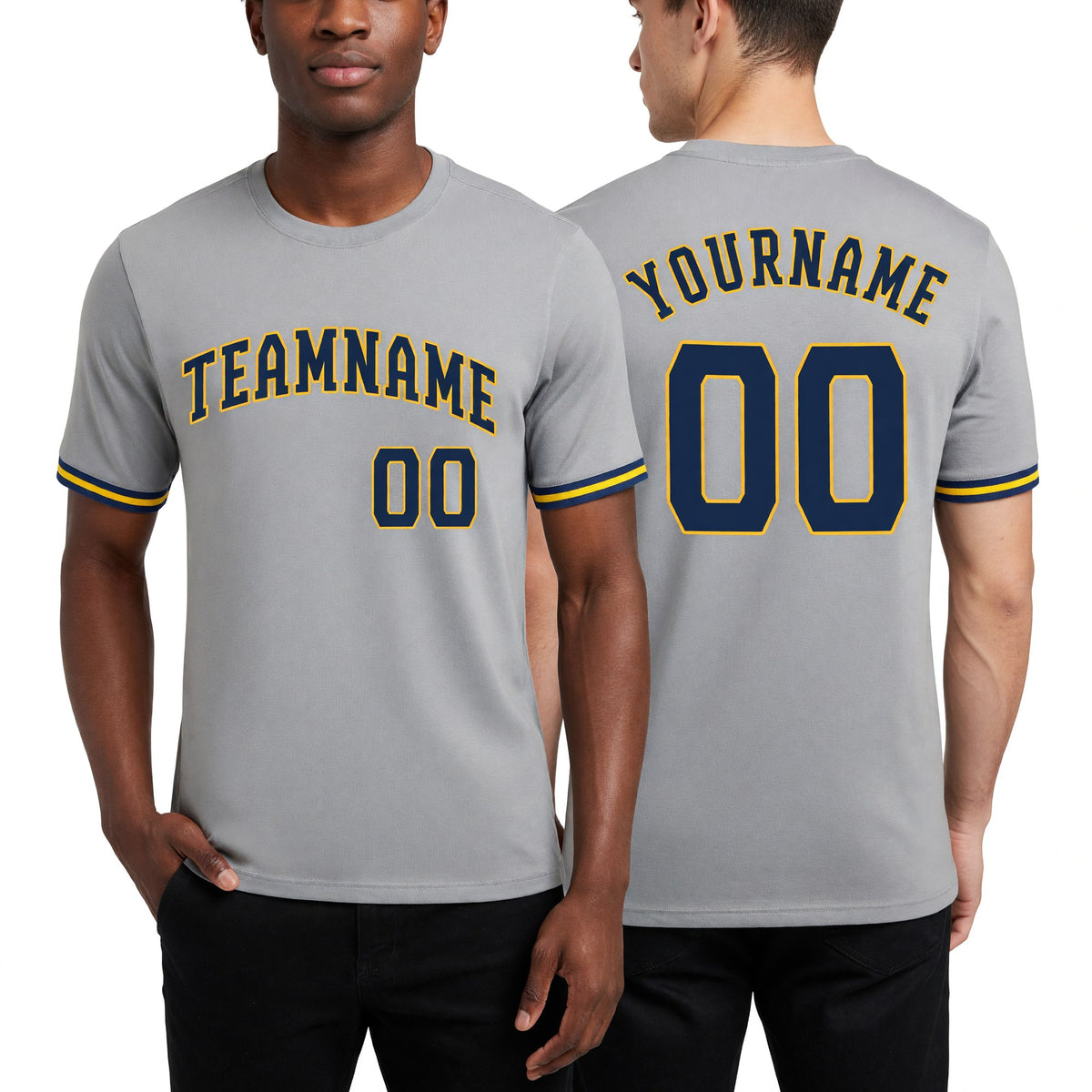 Custom Gray Navy-Gold Performance T-Shirt worn front and back