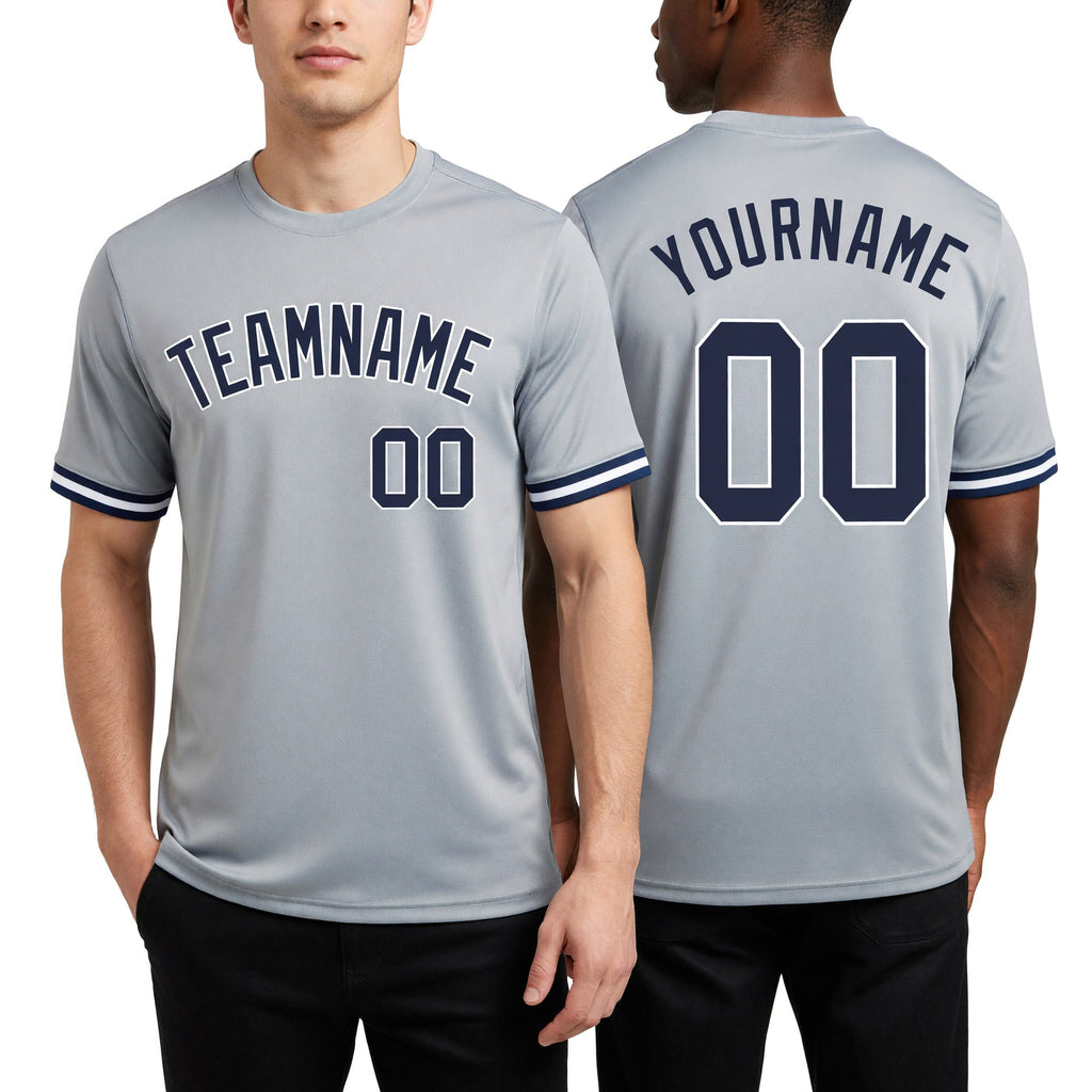 Custom Gray Navy-White Performance T-Shirt worn front and back