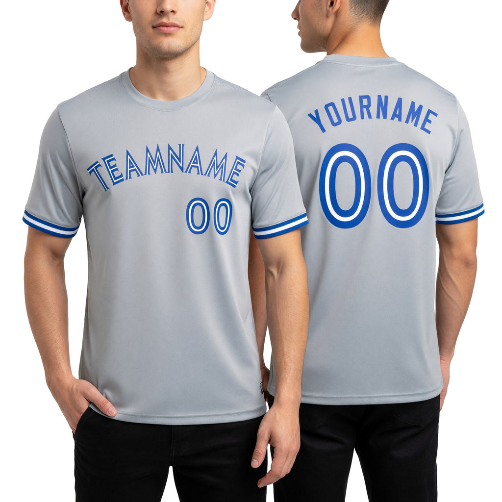 Custom Gray White-Royal Performance T-Shirt worn front and back