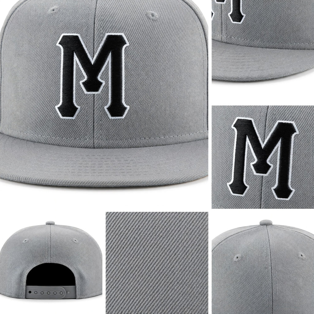 Custom Gray Black-White Stitched Adjustable Snapback Hat detail