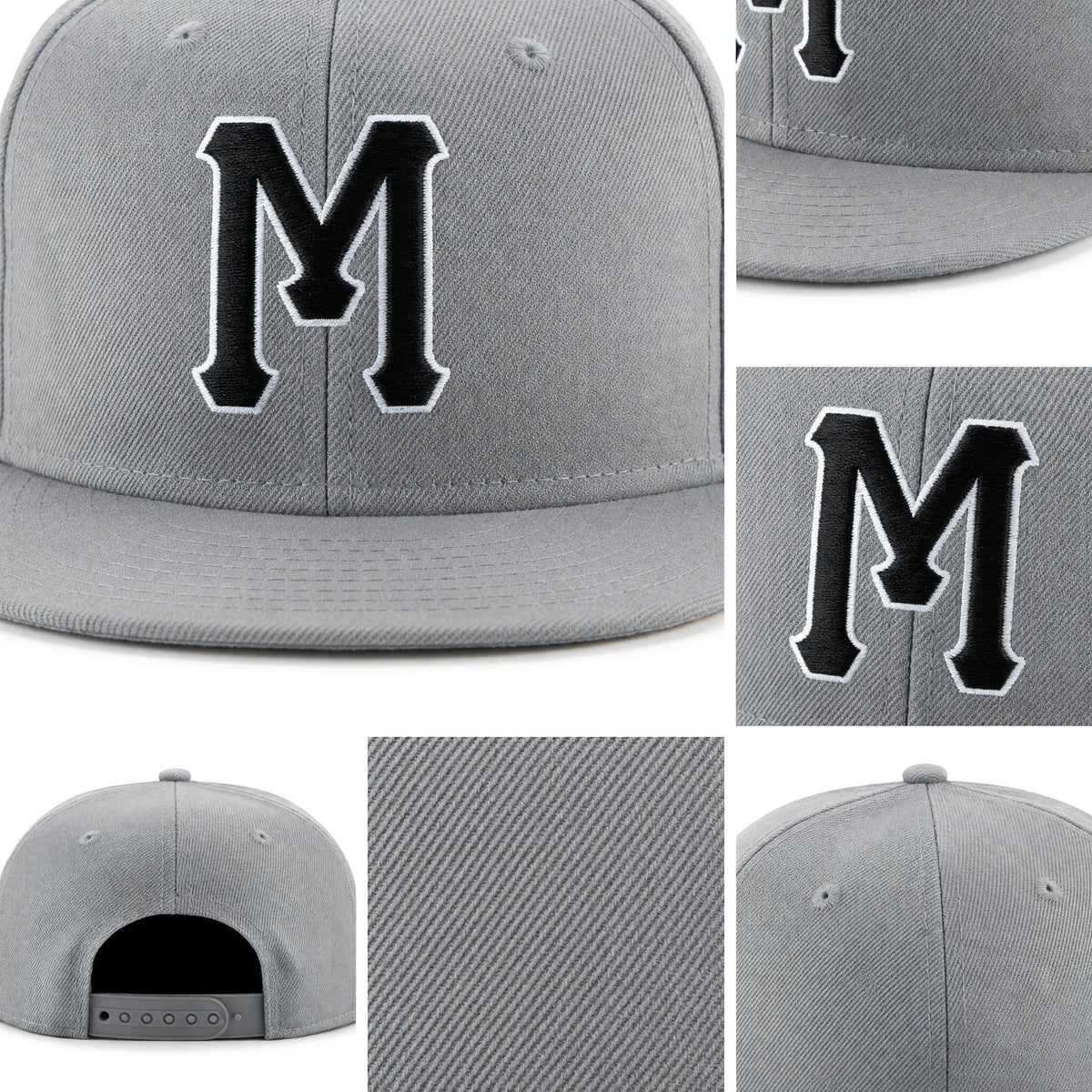 Custom Gray Black-White Stitched Adjustable Snapback Hat detail