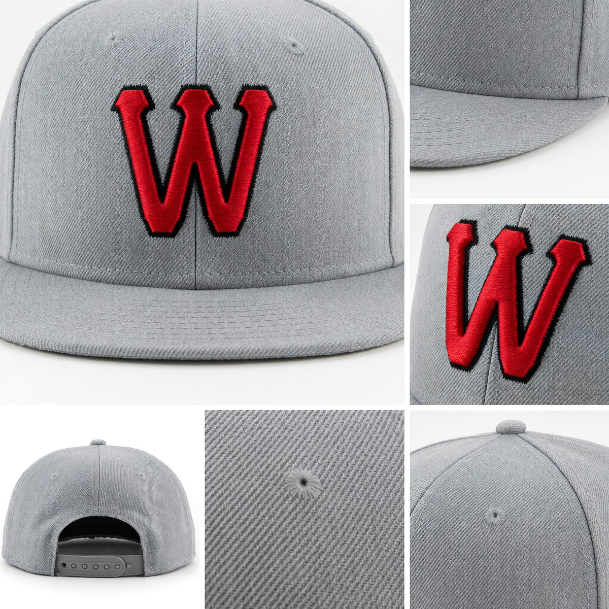 Custom Gray Red-Black Stitched Adjustable Snapback Hat detail