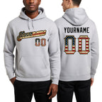 Custom Stitched Gray Vintage USA Flag-Old Gold Sports Pullover Sweatshirt Hoodie worn front and back