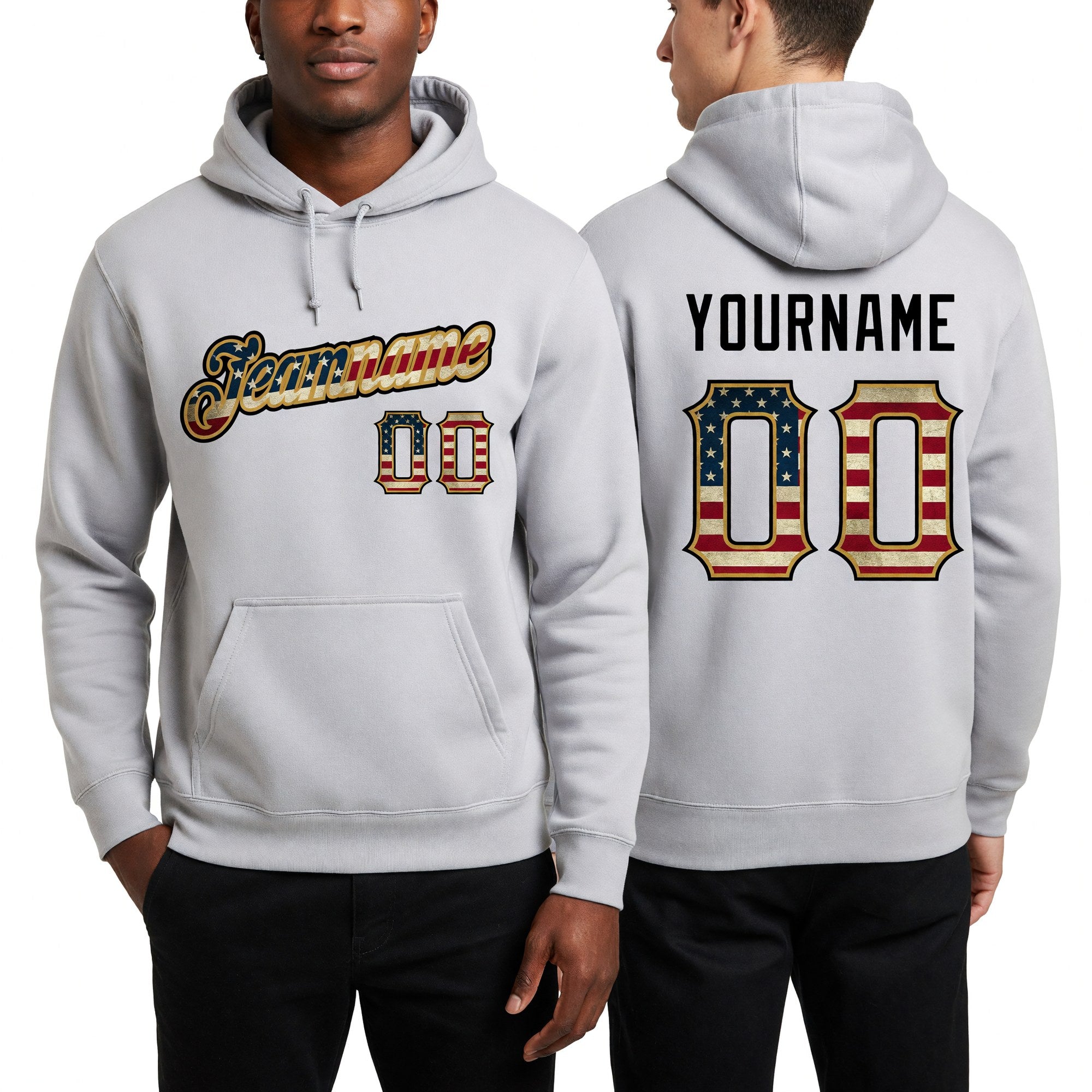 Custom Stitched Gray Vintage USA Flag-Old Gold Sports Pullover Sweatshirt Hoodie worn front and back