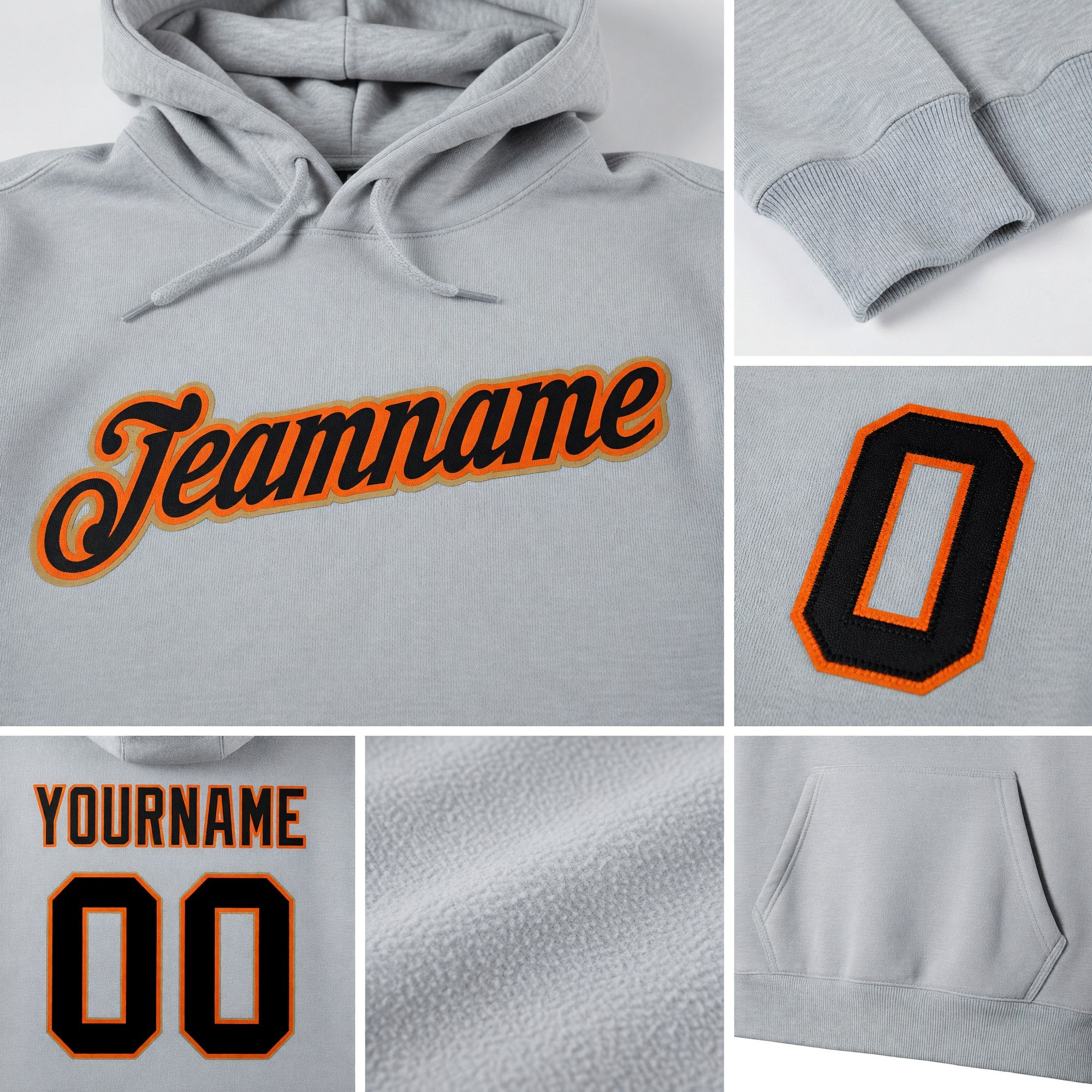Custom Stitched Gray Black-Orange Sports Pullover Sweatshirt Hoodie detail