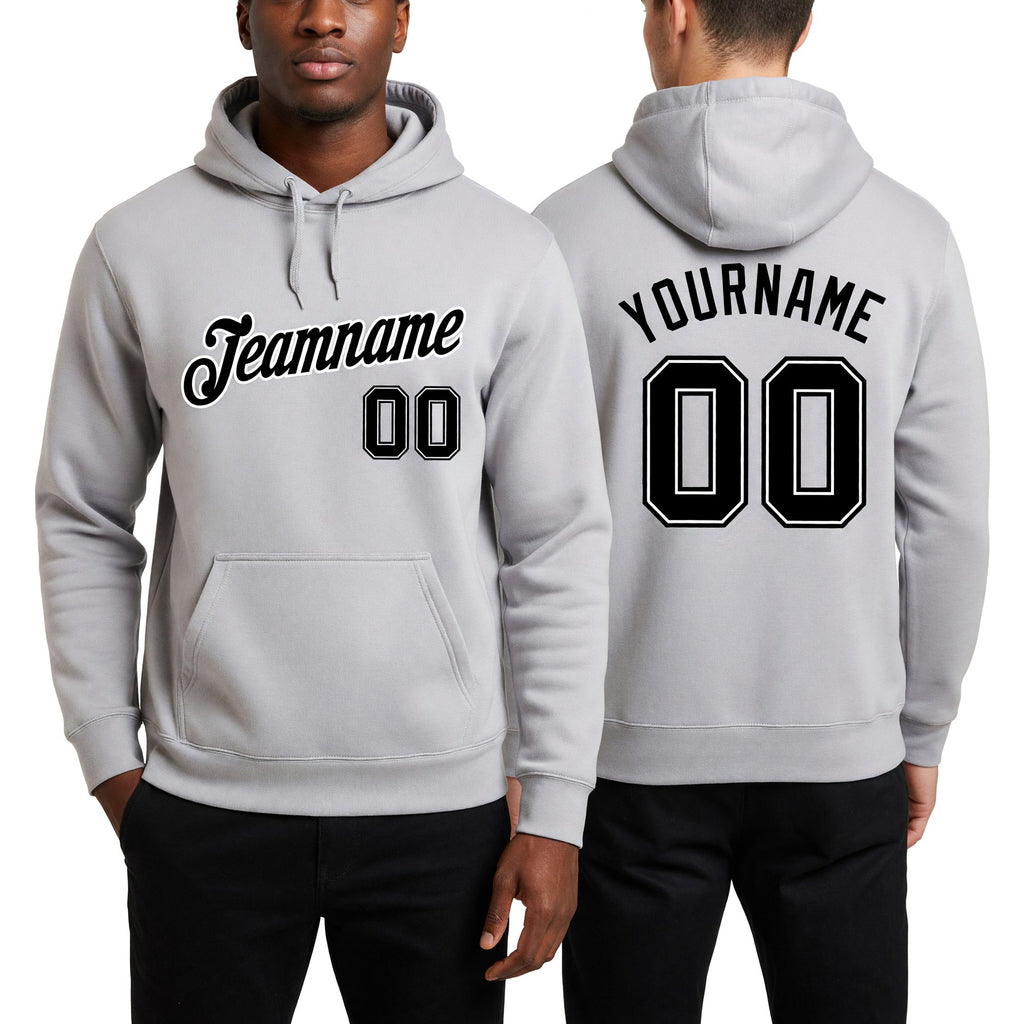 Custom Stitched Gray Gray-Black Sports Pullover Sweatshirt Hoodie worn front and back