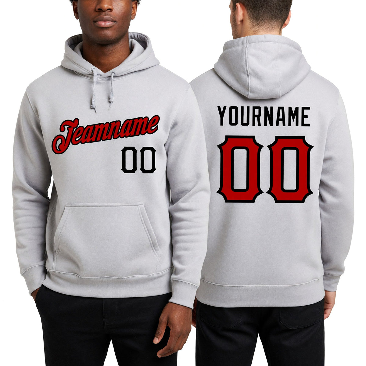 Custom Stitched Gray Red-Black Sports Pullover Sweatshirt Hoodie worn front and back