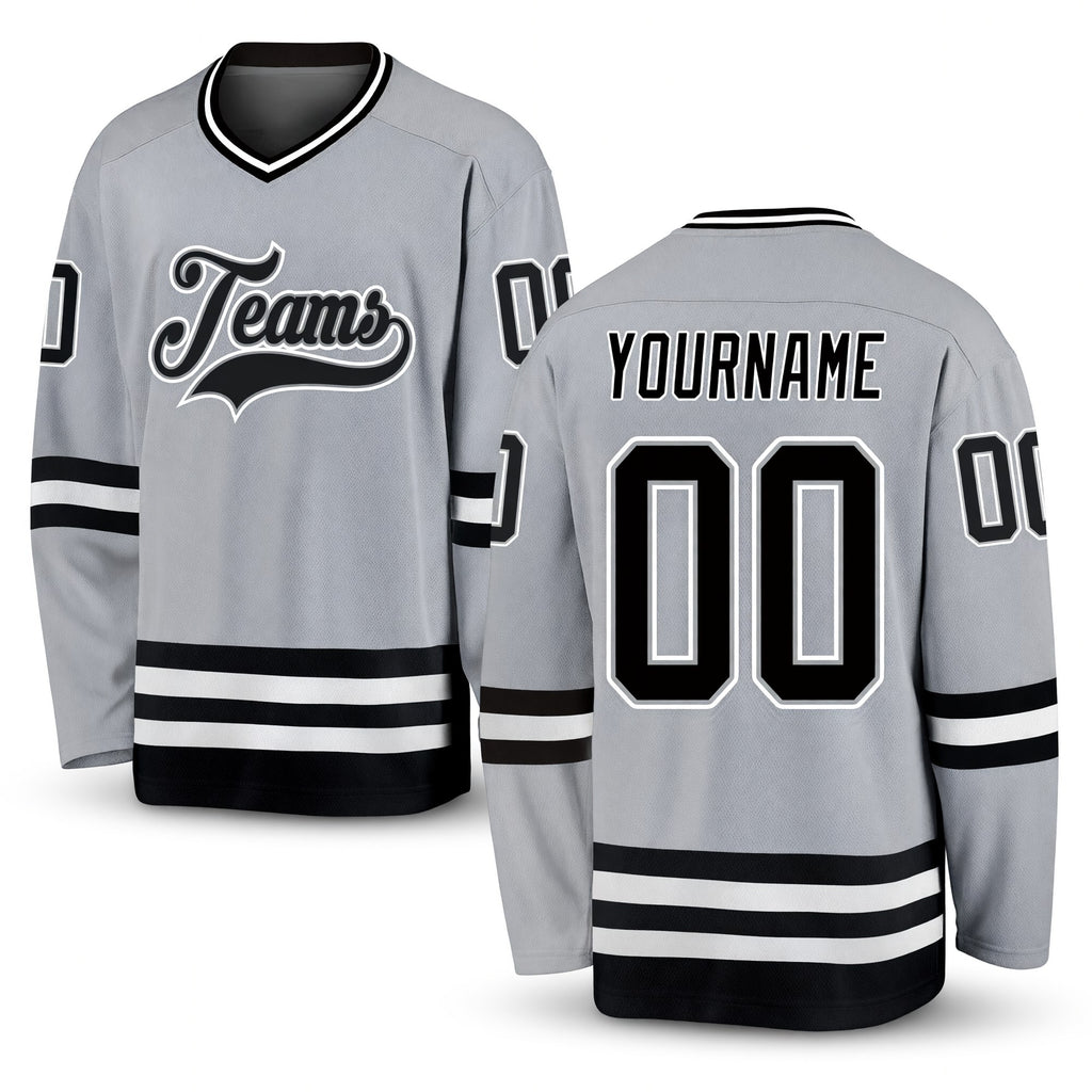 Custom Gray Black-White Hockey Jersey