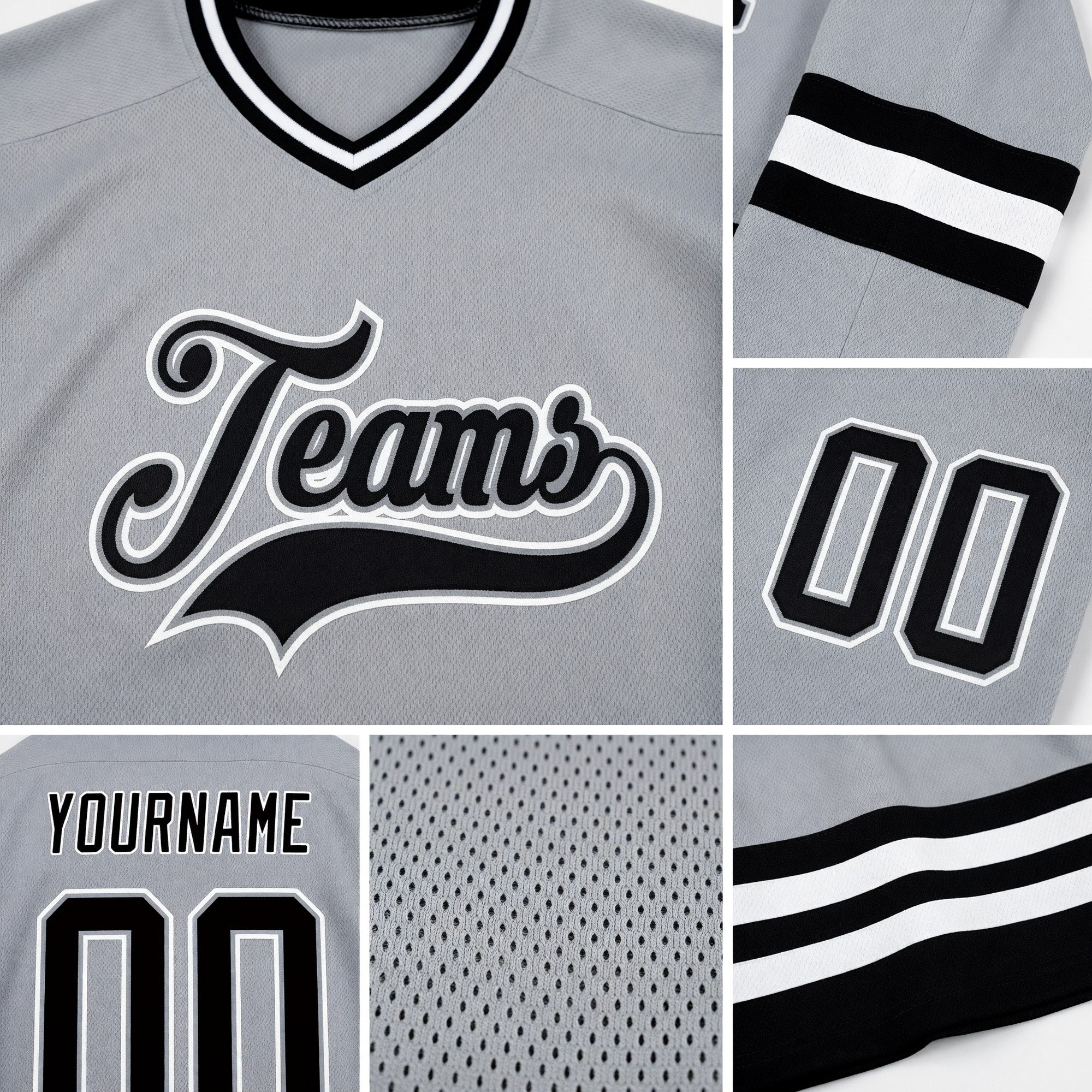 Custom Gray Black-White Hockey Jersey detail