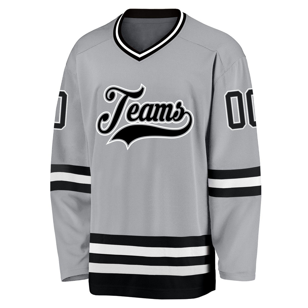 Custom Gray Black-White Hockey Jersey photo 2
