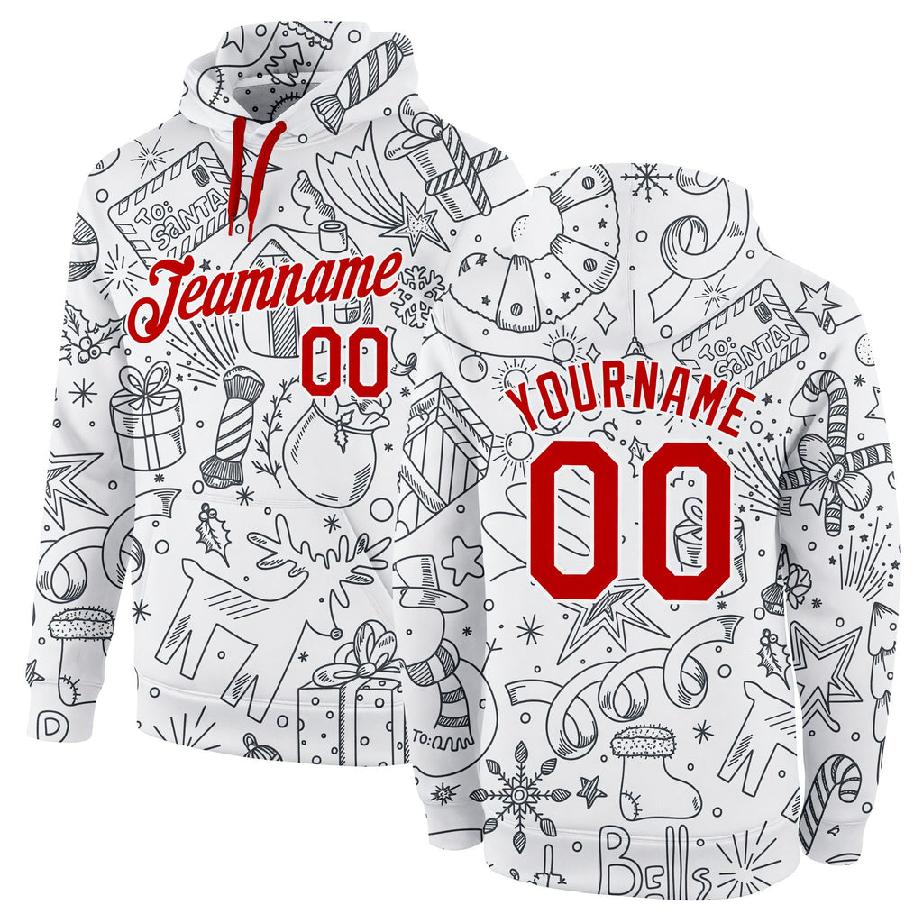 Custom Stitched White Red-White Christmas 3D Sports Pullover Sweatshirt Hoodie