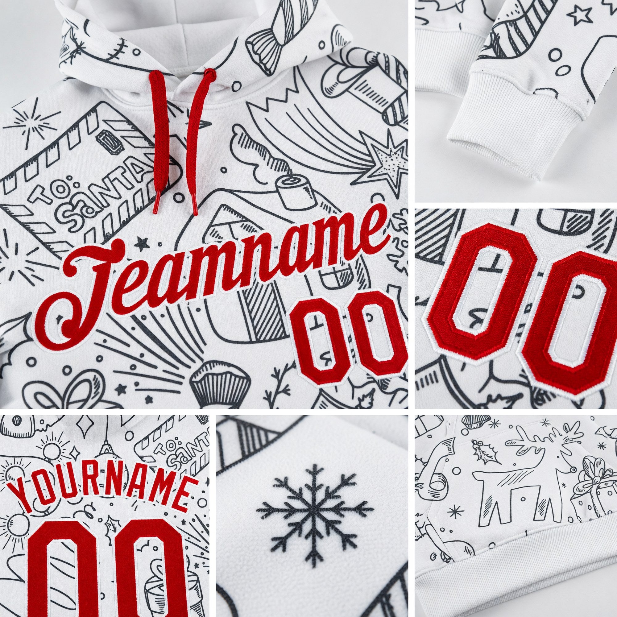 Custom Stitched White Red-White Christmas 3D Sports Pullover Sweatshirt Hoodie detail