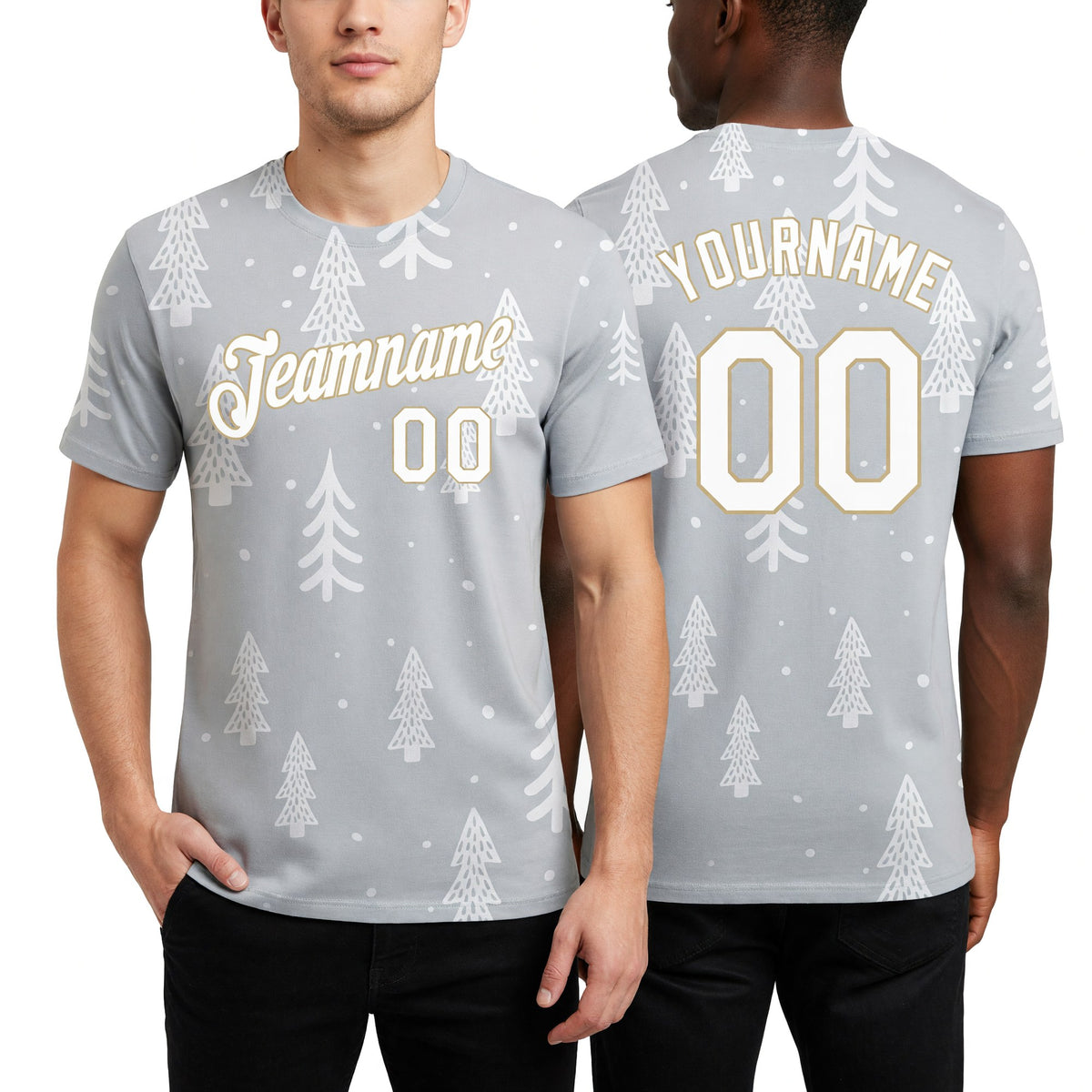 Custom Gray White-Old Gold Christmas 3D Performance T-Shirt worn front and back
