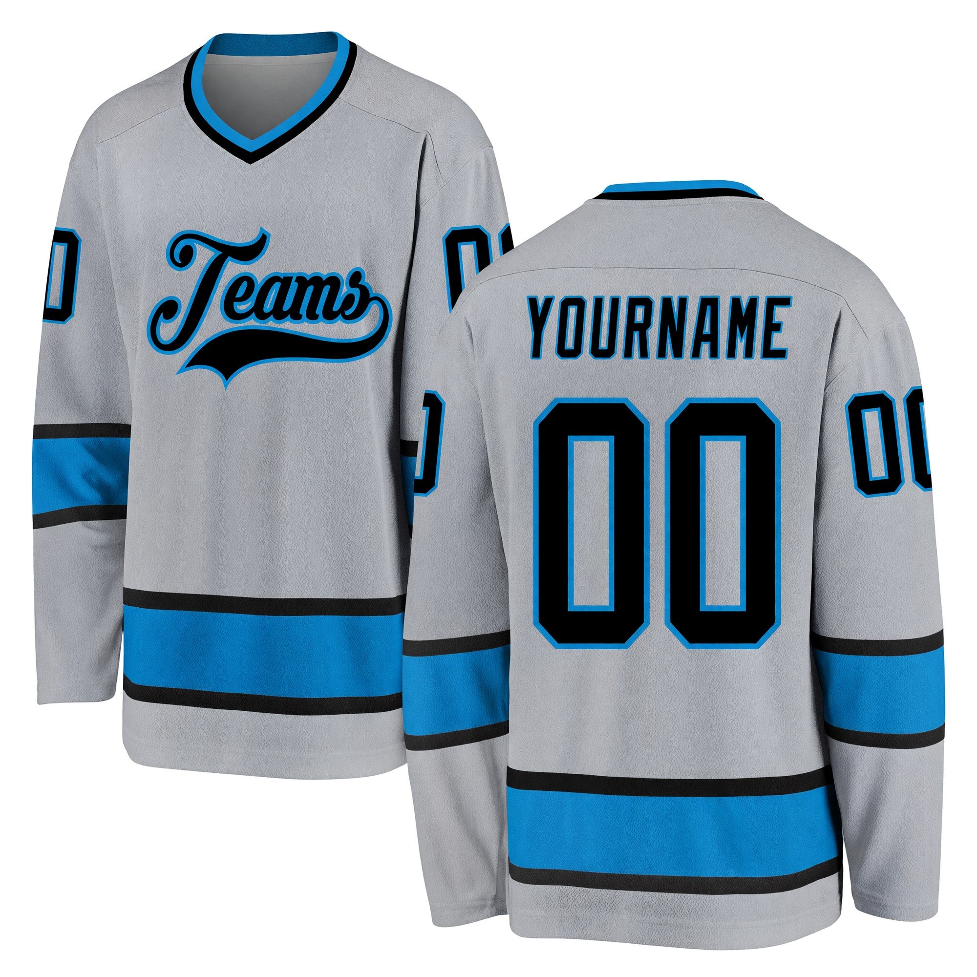 Custom Gray Black-Blue Hockey Jersey