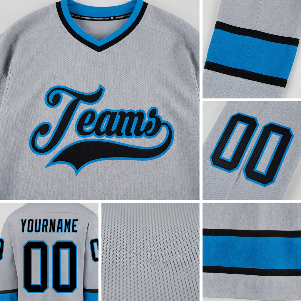 Custom Gray Black-Blue Hockey Jersey detail