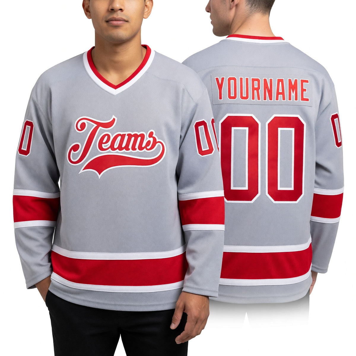 Custom Gray Red-White Hockey Jersey worn front and back