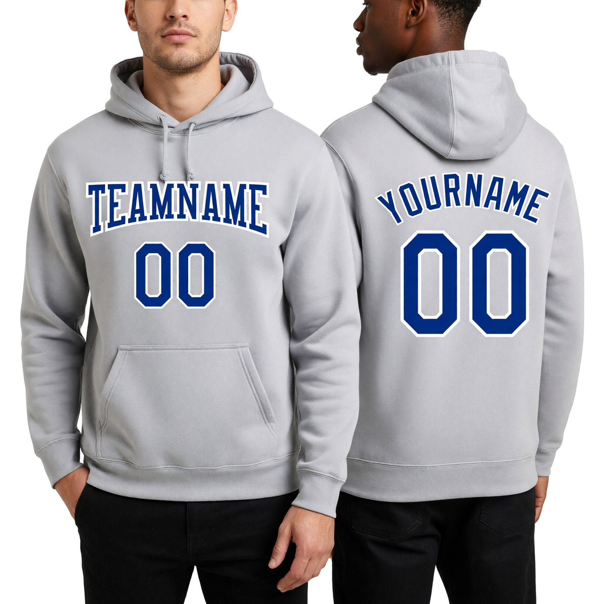 Custom Stitched Gray Royal Sports Pullover Sweatshirt Hoodie worn front and back