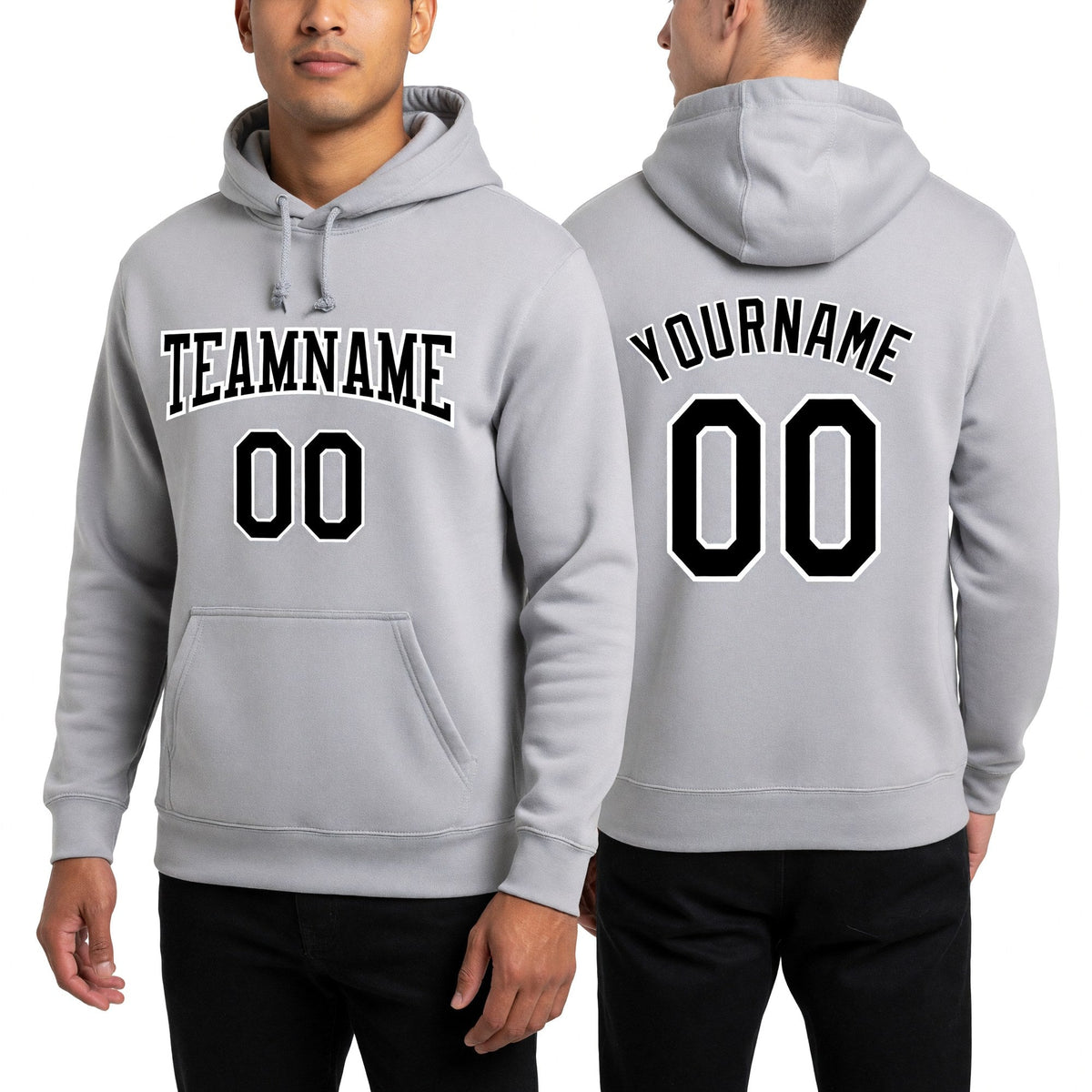 Custom Stitched Gray Black-White Sports Pullover Sweatshirt Hoodie worn front and back