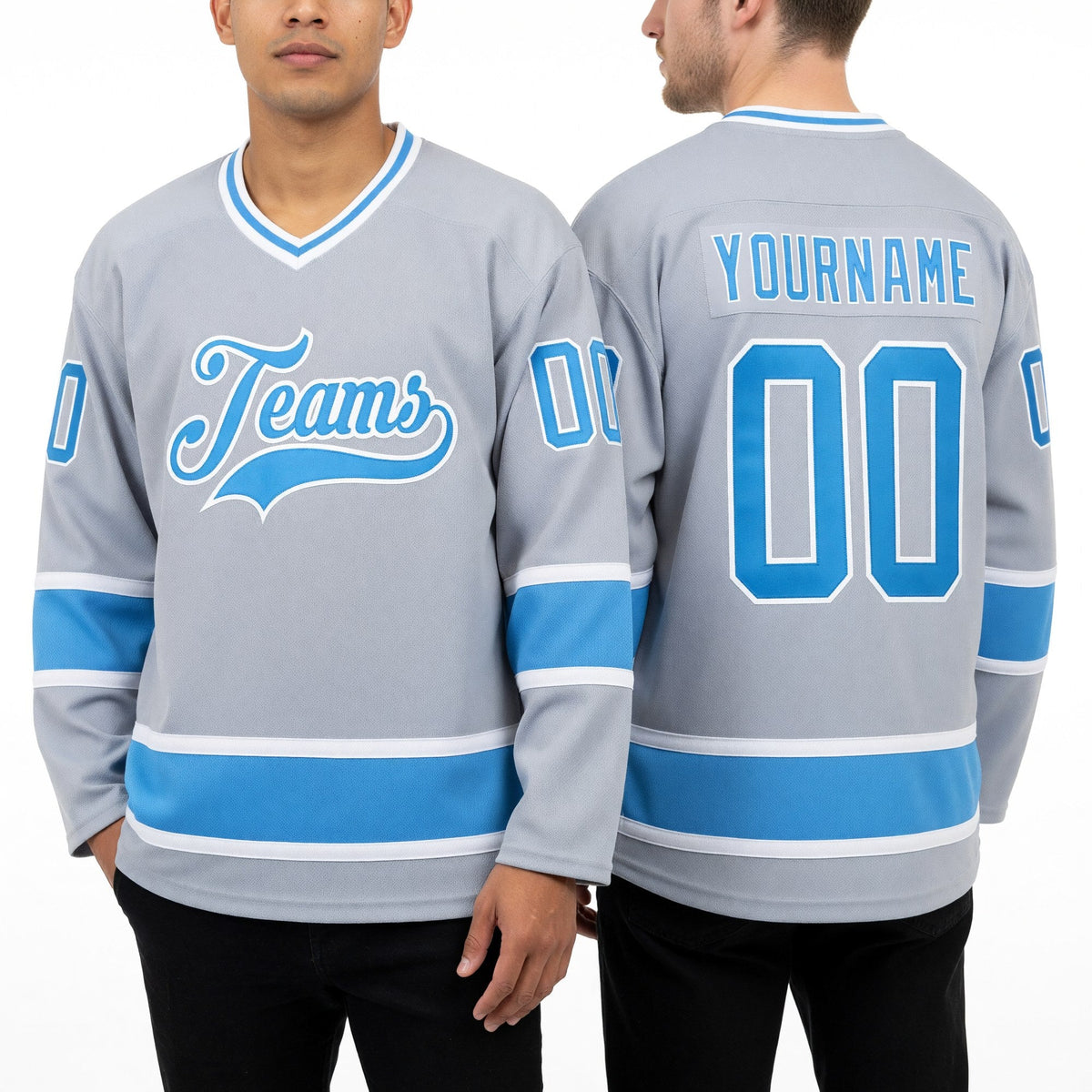 Custom Gray Light Blue-White Hockey Jersey worn front and back