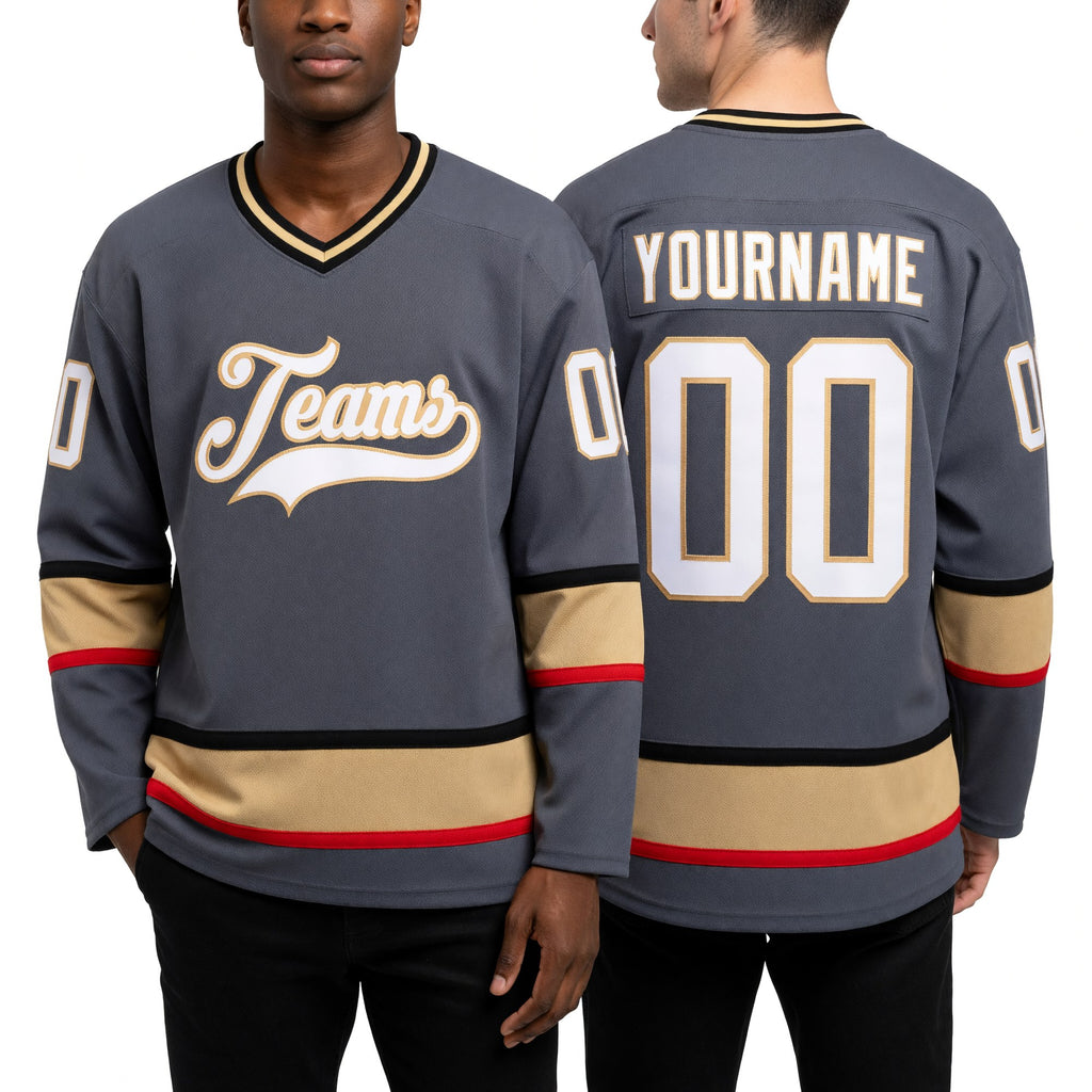 Custom Steel Gray White-Old Gold Hockey Jersey worn front and back