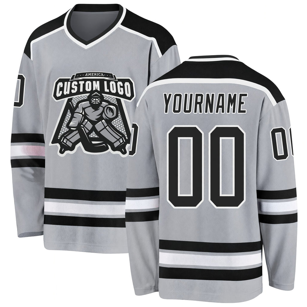 Custom Gray Black-White Hockey Jersey