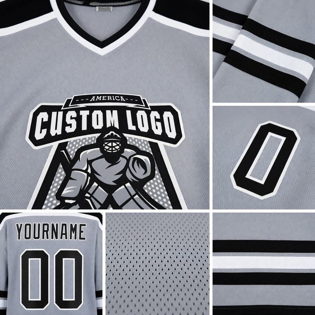 Custom Gray Black-White Hockey Jersey detail