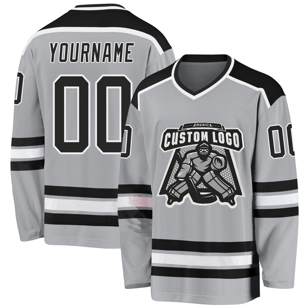 Custom Gray Black-White Hockey Jersey photo 1
