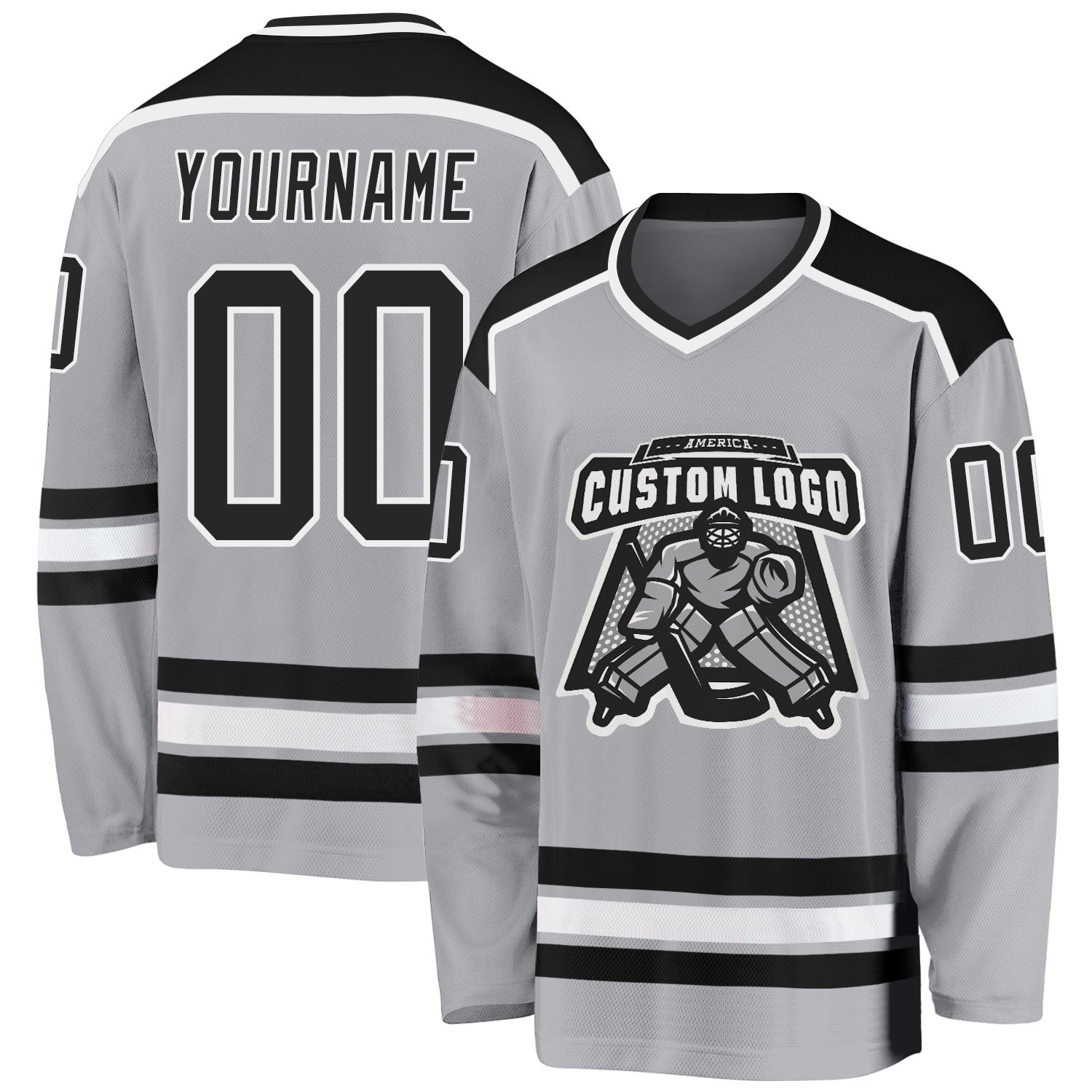 Custom Gray Black-White Hockey Jersey photo 1