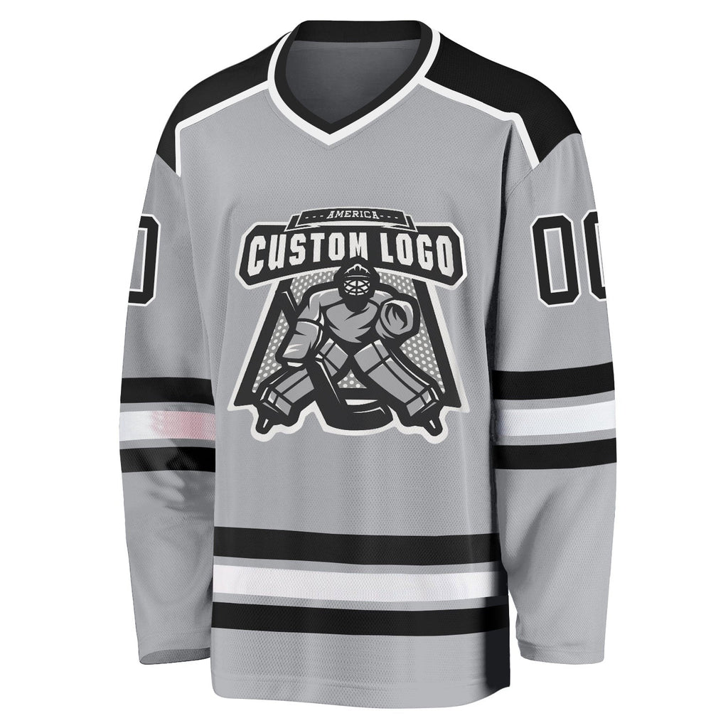 Custom Gray Black-White Hockey Jersey photo 2