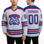 Custom Gray Royal-Red Hockey Jersey worn front and back