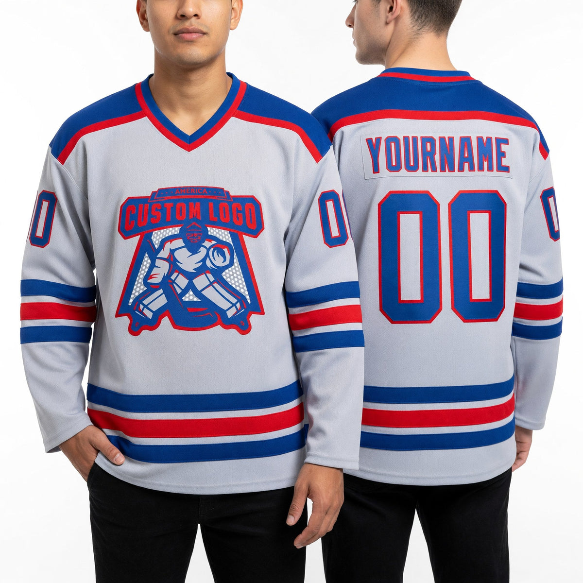 Custom Gray Royal-Red Hockey Jersey worn front and back