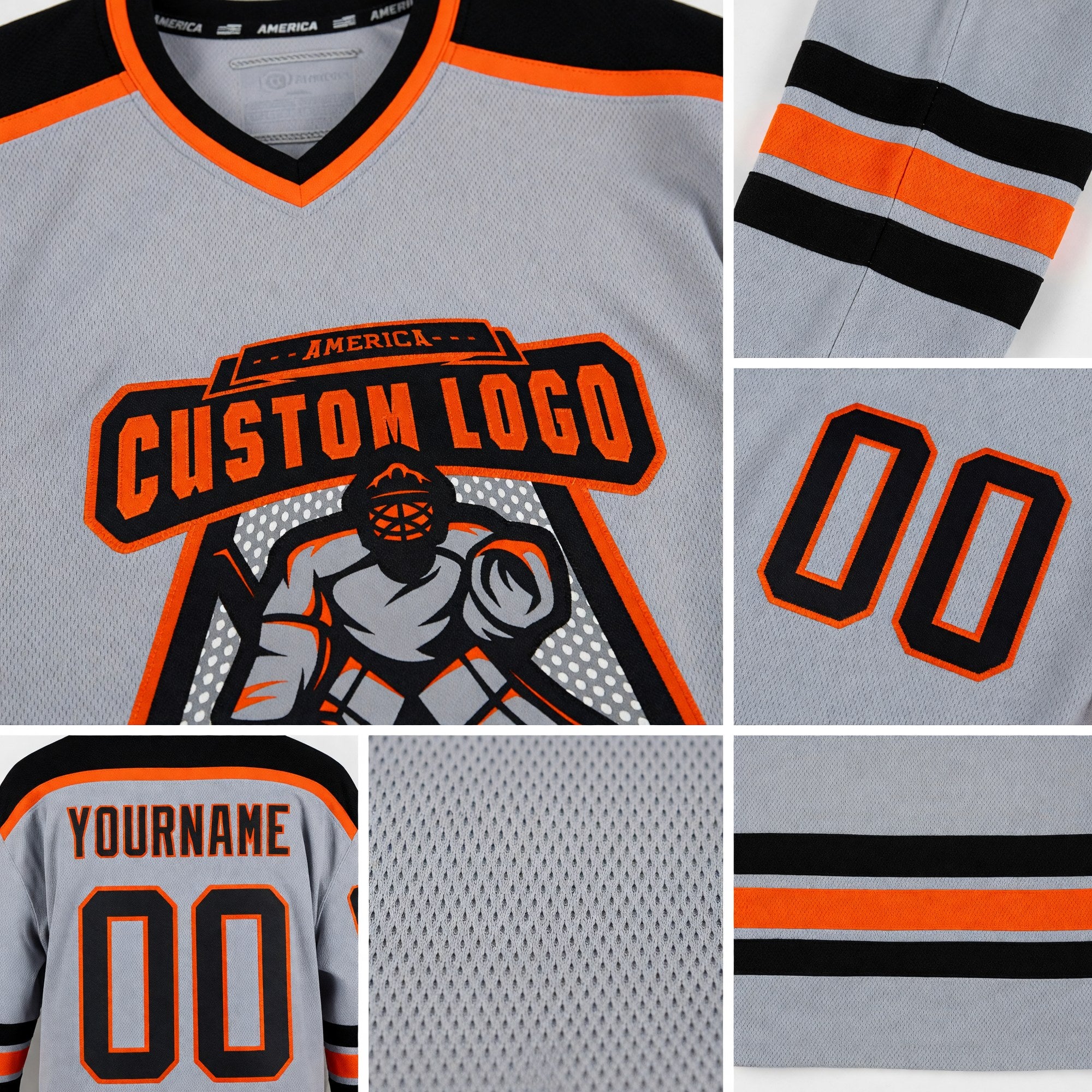 Custom Gray Black-Orange Hockey Jersey detail